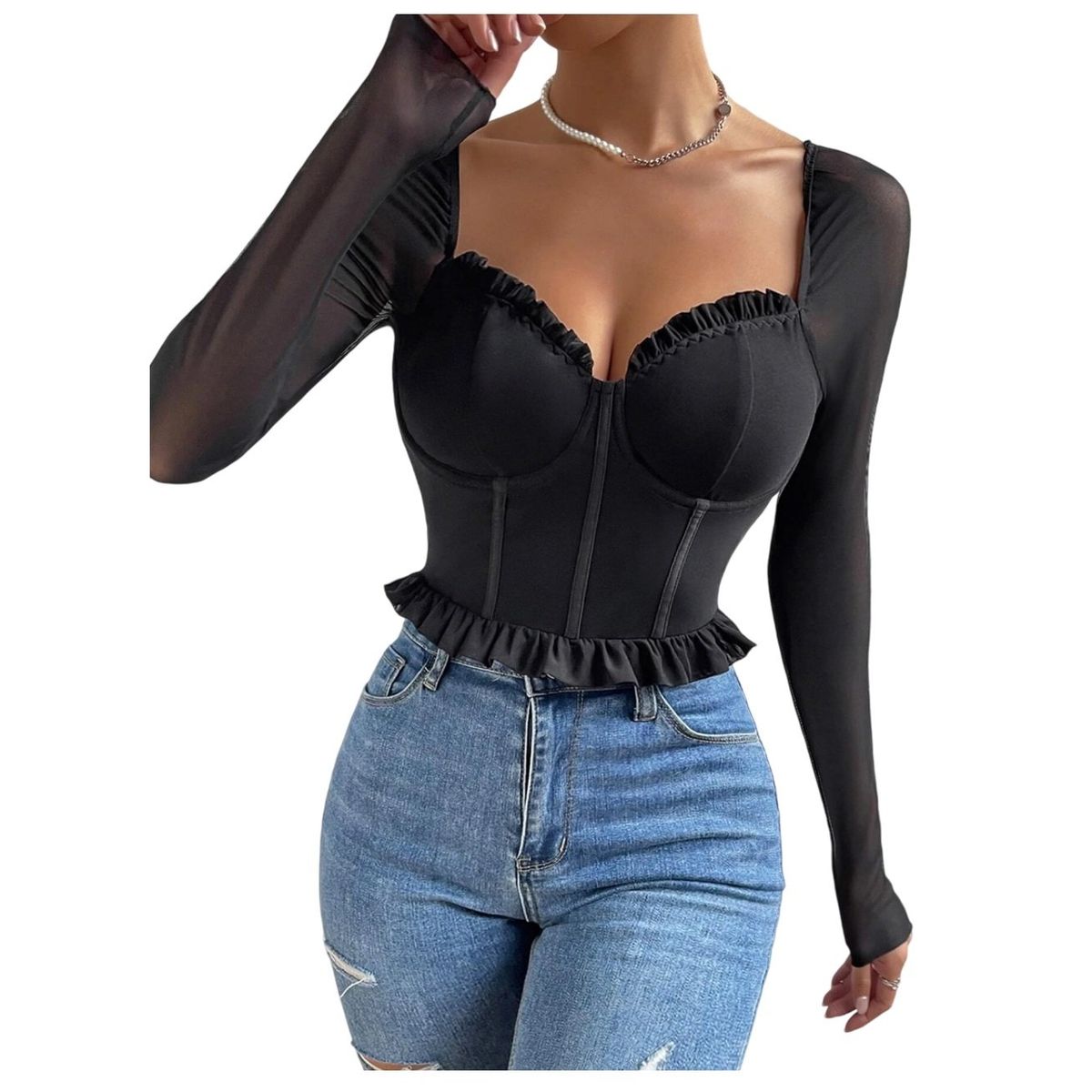 GARSIL - Crop Top Peto Para Mujer Tela Con Transparencia - Manga Larga