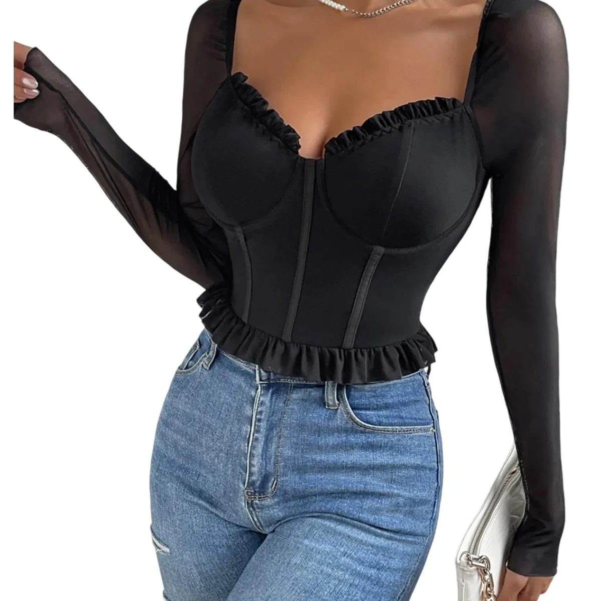 GARSIL - Crop Top Peto Para Mujer Tela Con Transparencia - Manga Larga