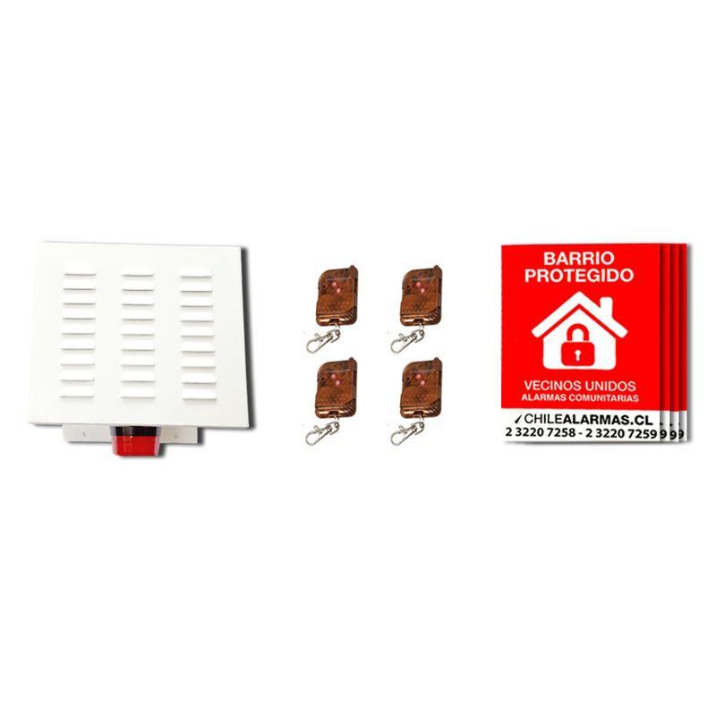 HEIMDALL - Kit Alarma comunitaria 15 Watts 110 DB + 4 controles + 4 carteles