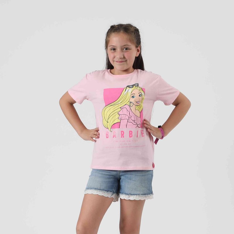 BARBIE - Polera Manga Corta Niña Foto Rosado Barbie