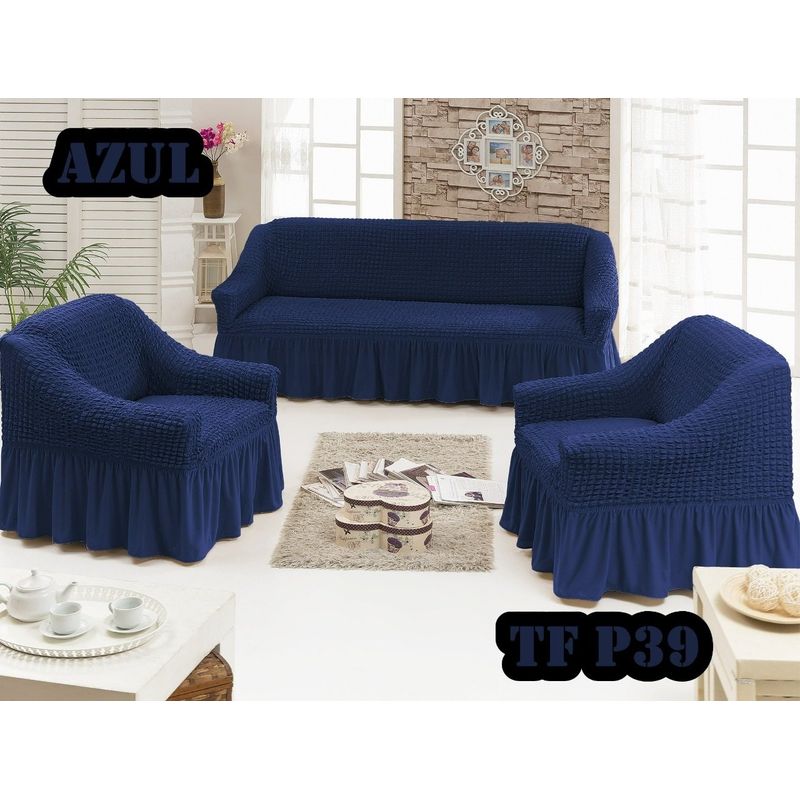 ANGELES DEL HOGAR - Pack Fundas Cubresillon Sofa Turco Cuadrille  3+ 1+1 Cuerpos  Azul