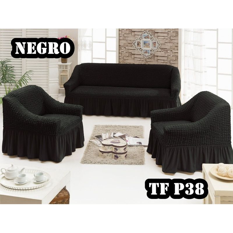 ANGELES DEL HOGAR - Pack Fundas Cubresillon Sofa Turco Cuadrille  3+ 1+1 Cuerpos  Negro
