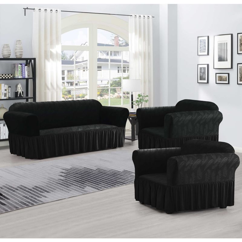 ANGELES DEL HOGAR - Pack Fundas Cubresillon Sofa Turco Liso Con Diseño  3+ 1+1 Cuerpos Negro