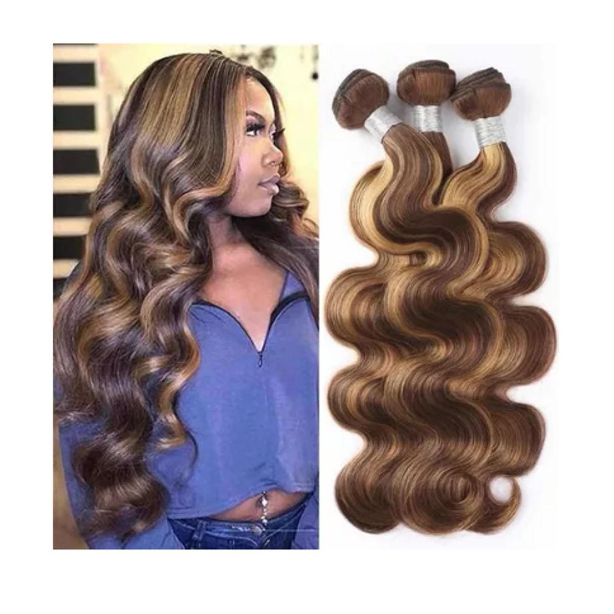 GENERICO - Onda Profunda 16 Pulgadas Cabello Humano Natural CASTAÑO CON VISOS  RUBIOS