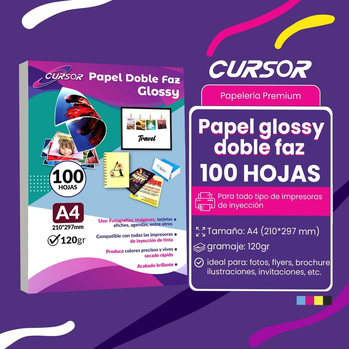 CURSOR - Papel Fotográfico Doble Faz Glossy A4 120 Gr 100 Hojas - Blanco
