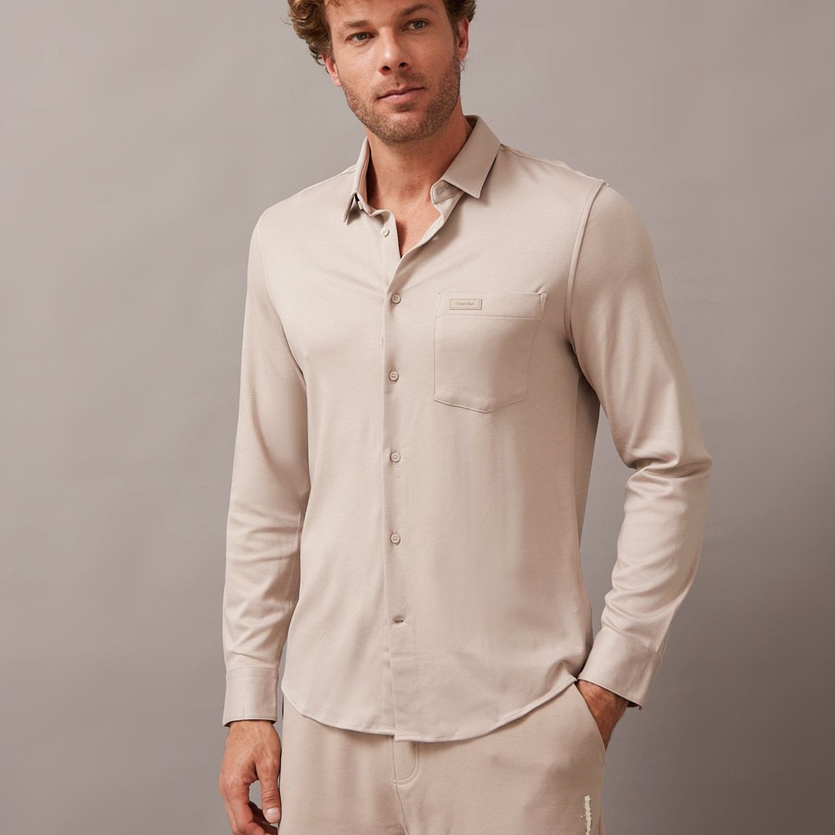CALVIN KLEIN - Camisa Hombre Smooth Cotton Beige Calvin Klein