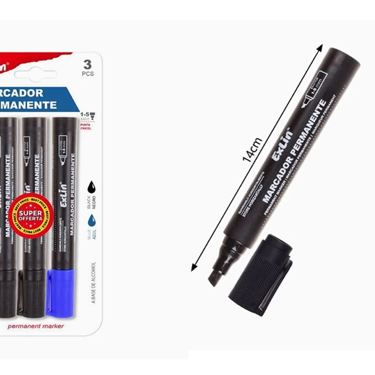 GENERICO - Marcador Punta Inclinada Negro y Azul 3pcs 14cm