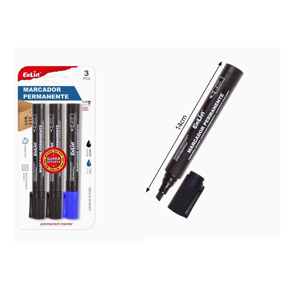 GENERICO - Marcador Punta Inclinada Negro y Azul 3pcs 14cm