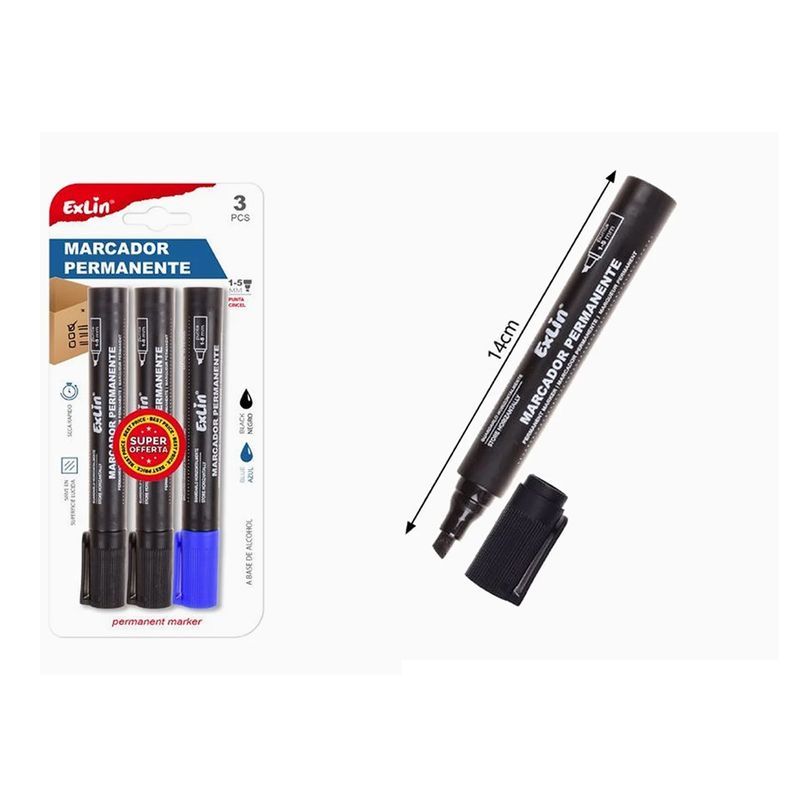 GENERICO - Marcador Punta Inclinada Negro y Azul 3pcs 14cm