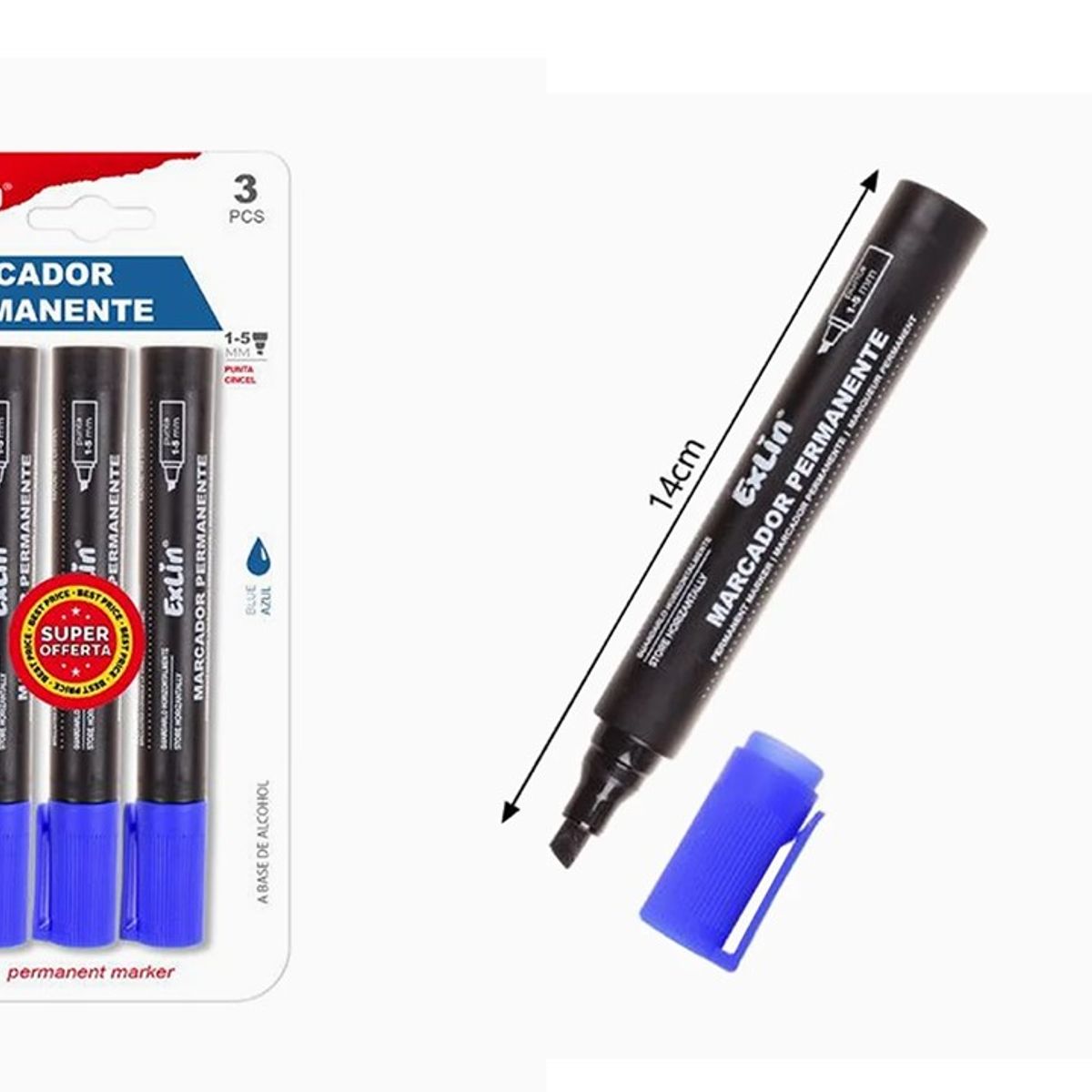 GENERICO - Marcador Punta Oblicua Azul 3pcs 14cm