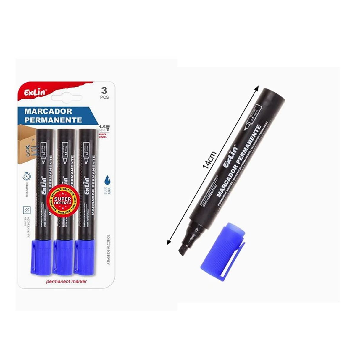 GENERICO - Marcador Punta Oblicua Azul 3pcs 14cm