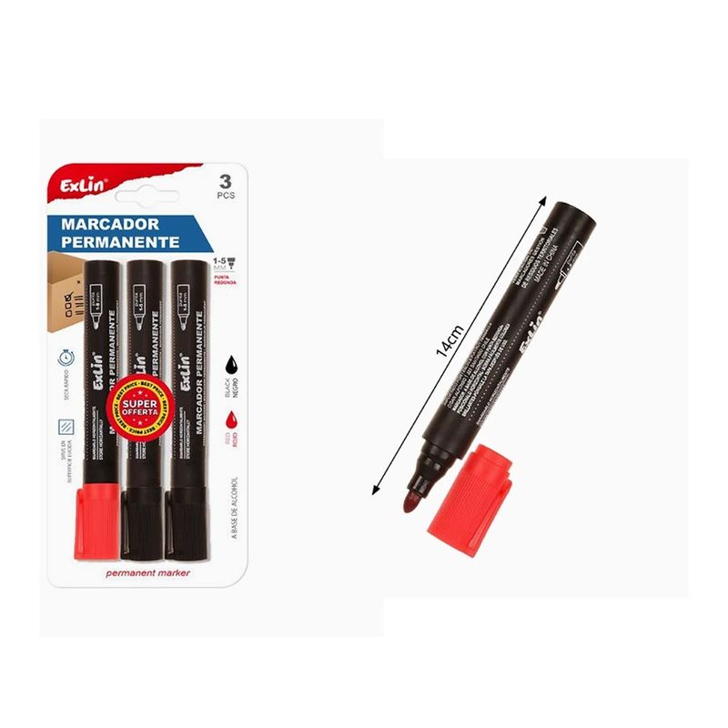 GENERICO - Marcador Punta Redonda Negro Y Rojo 3pcs 14cm