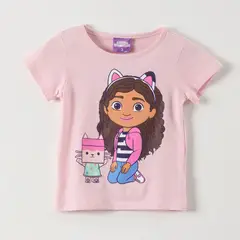 LA CASA DE GABBY - Polera Manga Corta Niña Gato Rosado Gabby Doll House