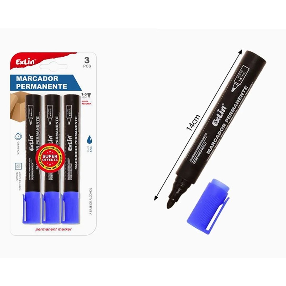 GENERICO - Marcador Punta Redonda Azul 3pcs 14cm