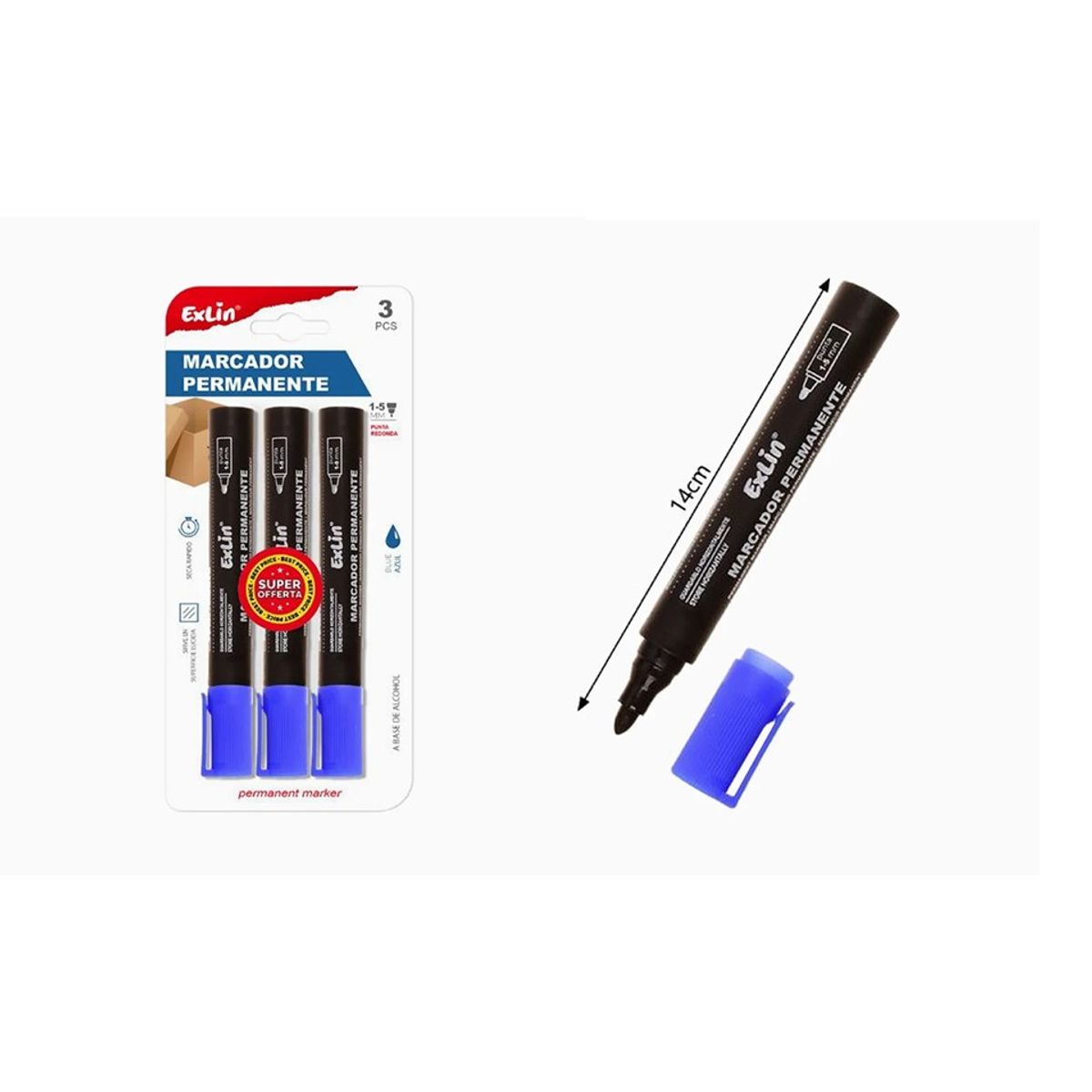 GENERICO - Marcador Punta Redonda Azul 3pcs 14cm