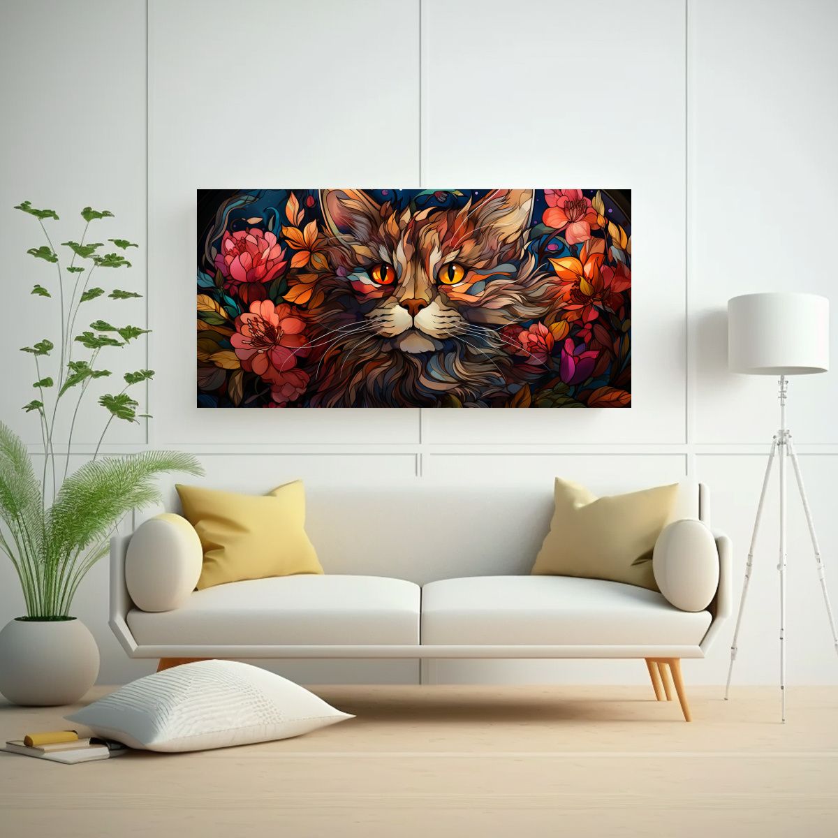 GENERICO - Obra Arte Digital Gato Vidriera Minimalista En Bas 160x80cm