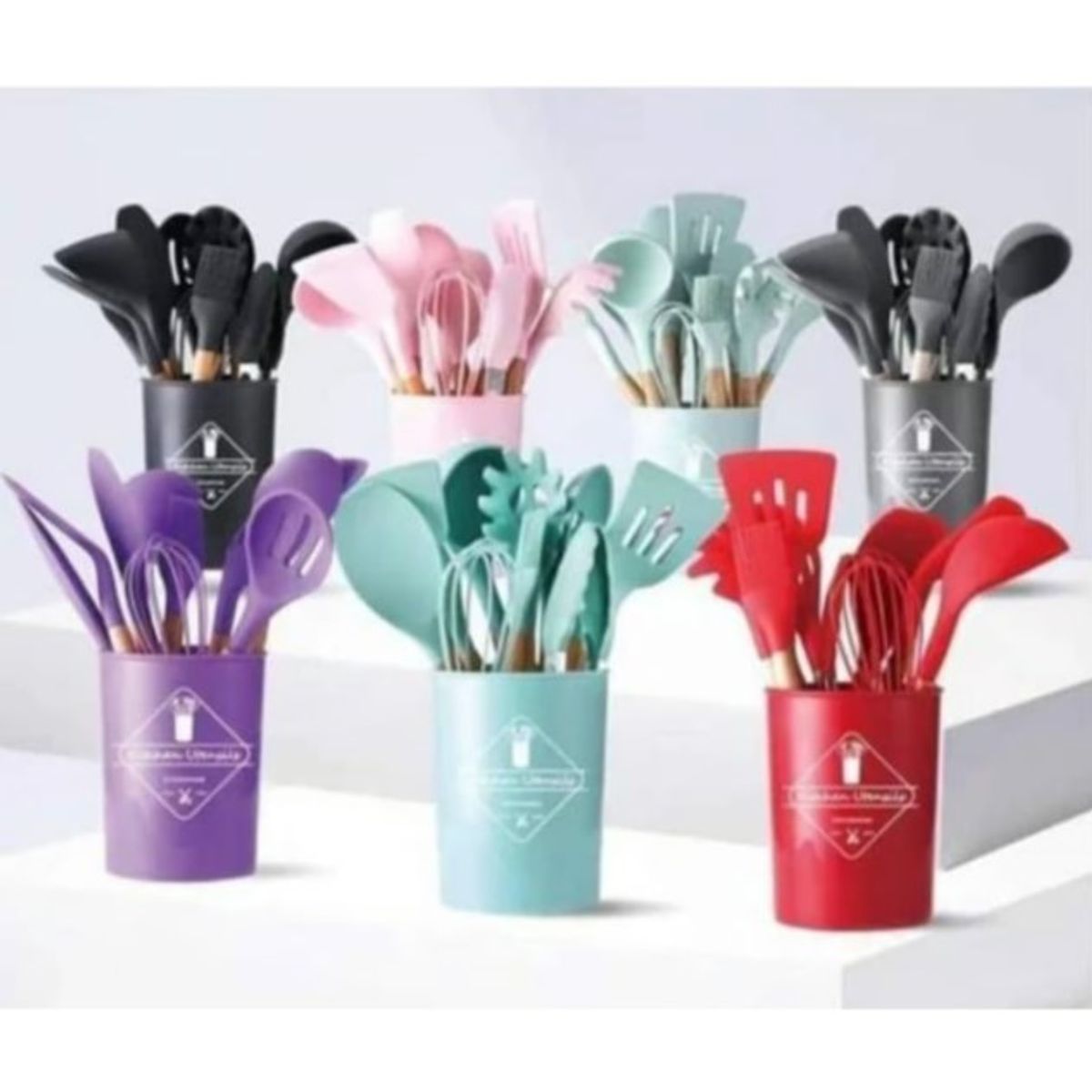GENERICO - Set 19 Utensilios Cocina Silicona Madera Colores