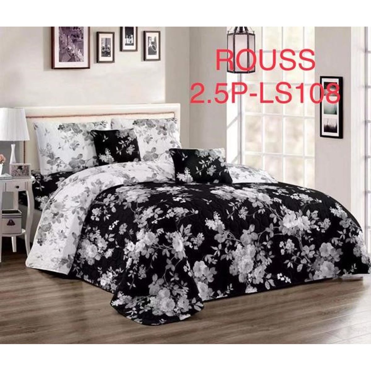 GENERICO - Cobertor tipo Quilts de Verano King - Cubrecamas Negro Flores