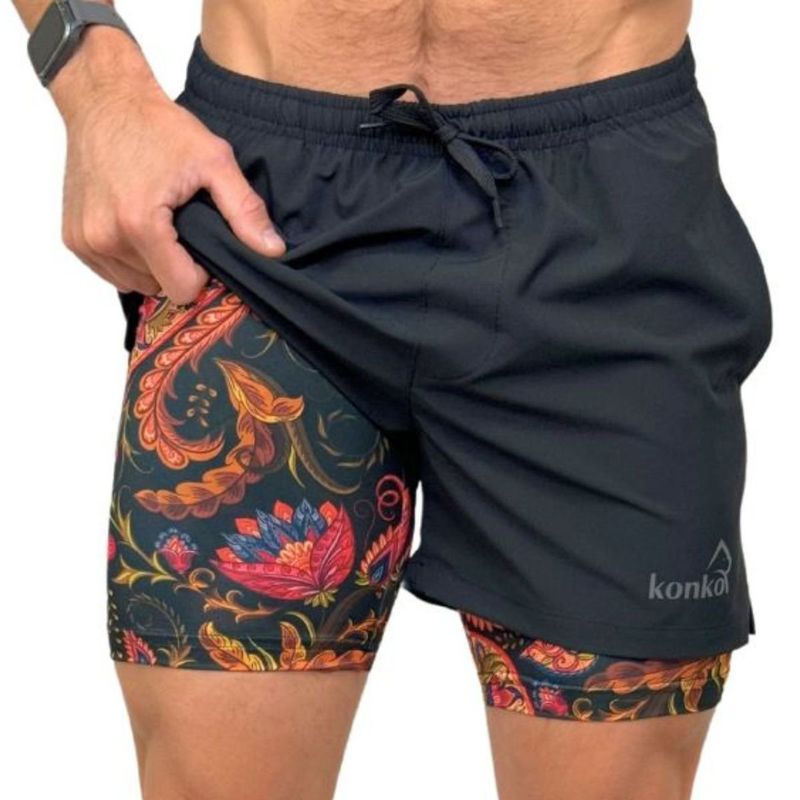 KONKO ACTIVE - Short Deportivo Hombre Con Calza 2 en 1 Negro Paisley Konko