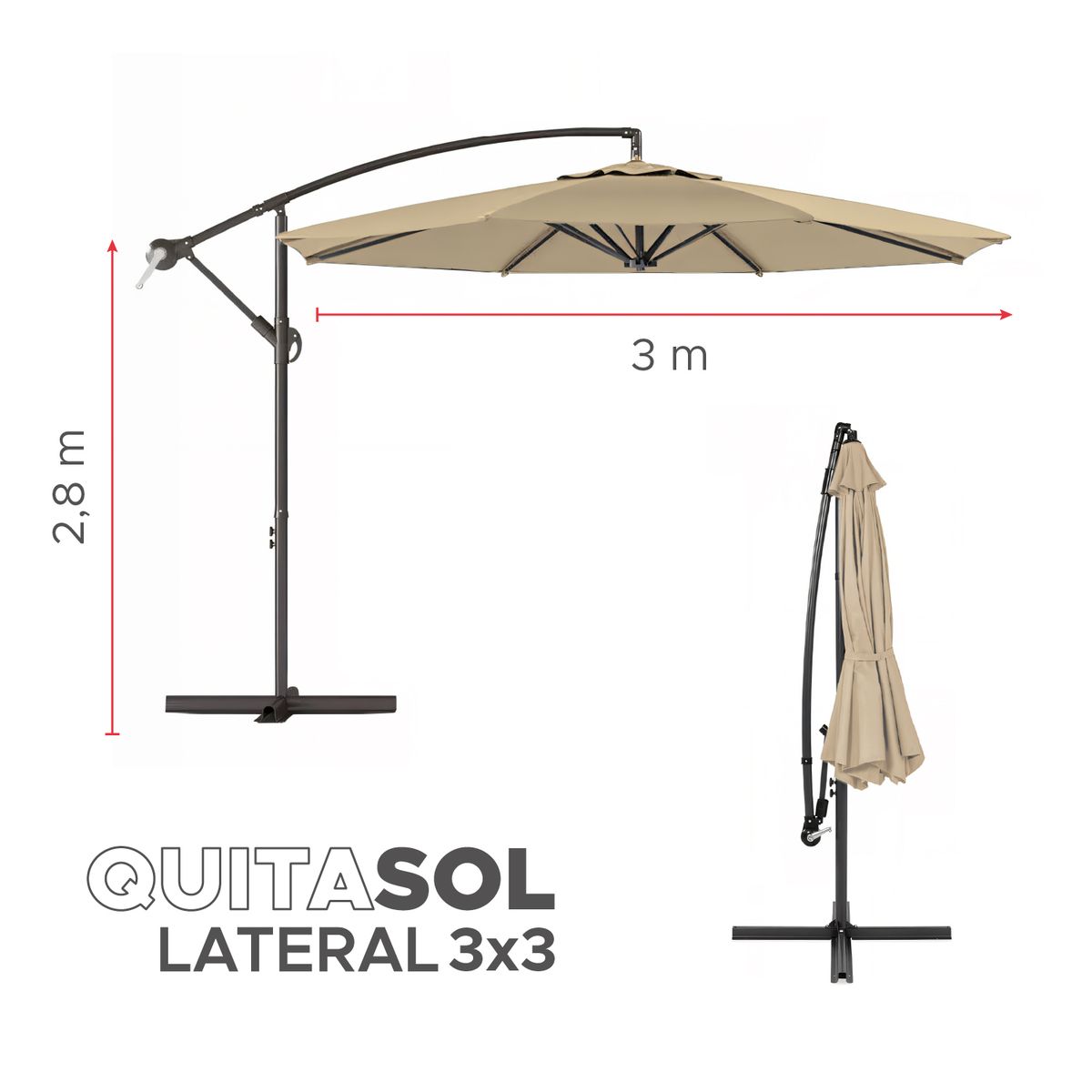 VINCENZI - Quitasol Lateral 3x3mt Sombrilla Terraza Sol Lluvia Beige Vincenzi