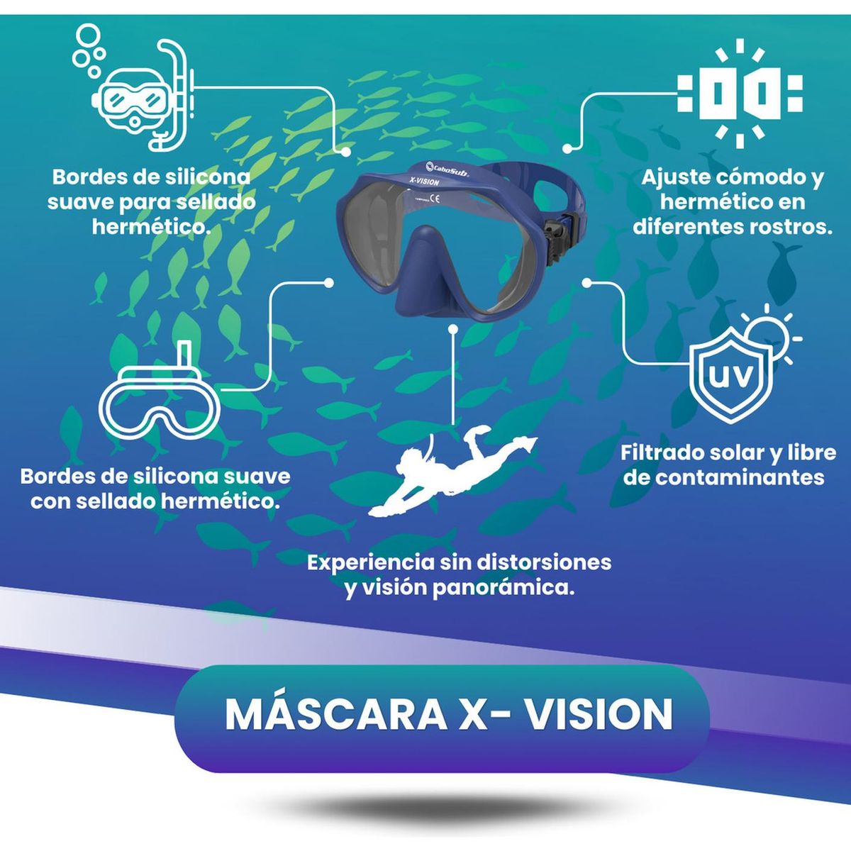 CABOSUB - Máscara Buceo y Snorkeling Cabosub X-Vision Claridad Total - Azul