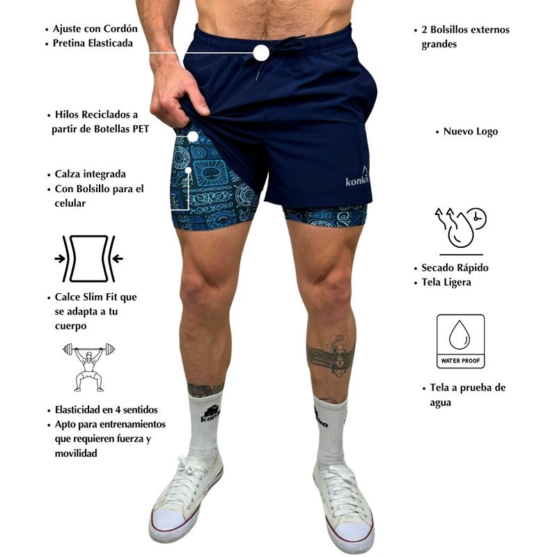 KONKO ACTIVE - Short Deportivo Hombre Con Calza 2 en 1 Azul Samoa Konko