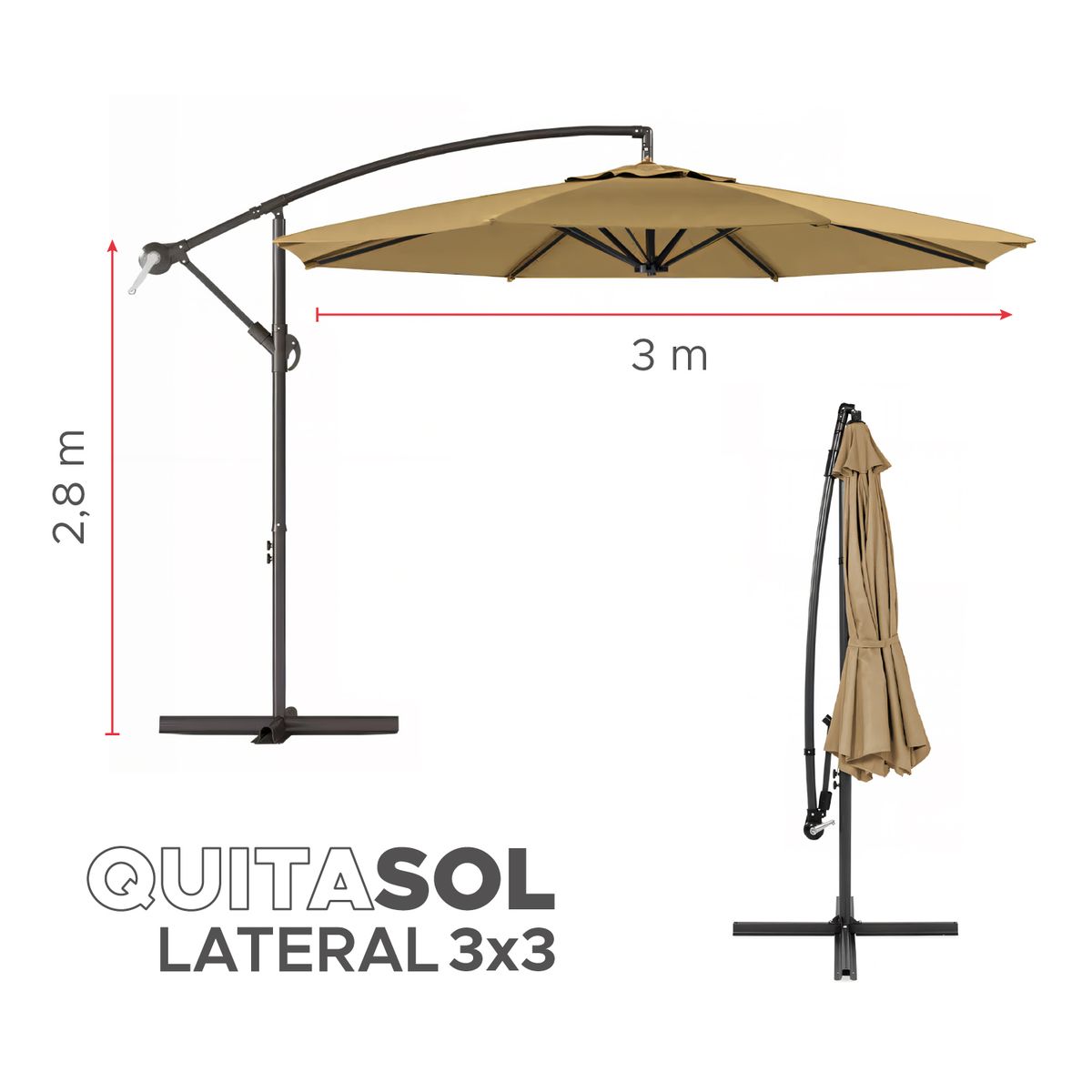 VINCENZI - Quitasol Lateral 3x3mt Sombrilla Terraza Sol Lluvia Khaki Vincenzi