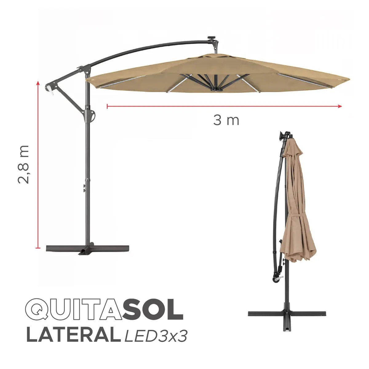 VINCENZI - Quitasol Terraza 360° 3x3 Panel Solar Luz Led Khaki Vincenzi