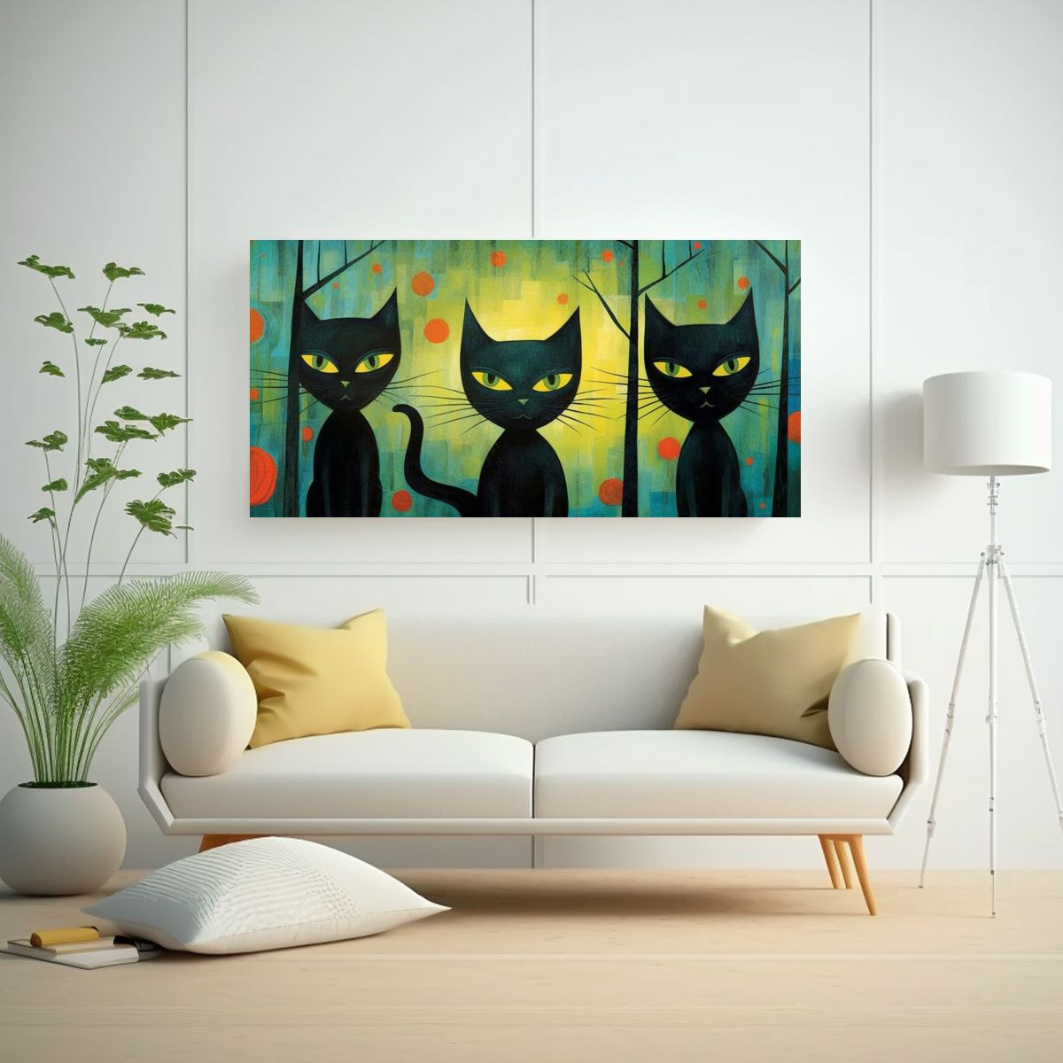 GENERICO - Cuadro Negro De Gatos En Estilo Cálido Pintura D 160x80cm