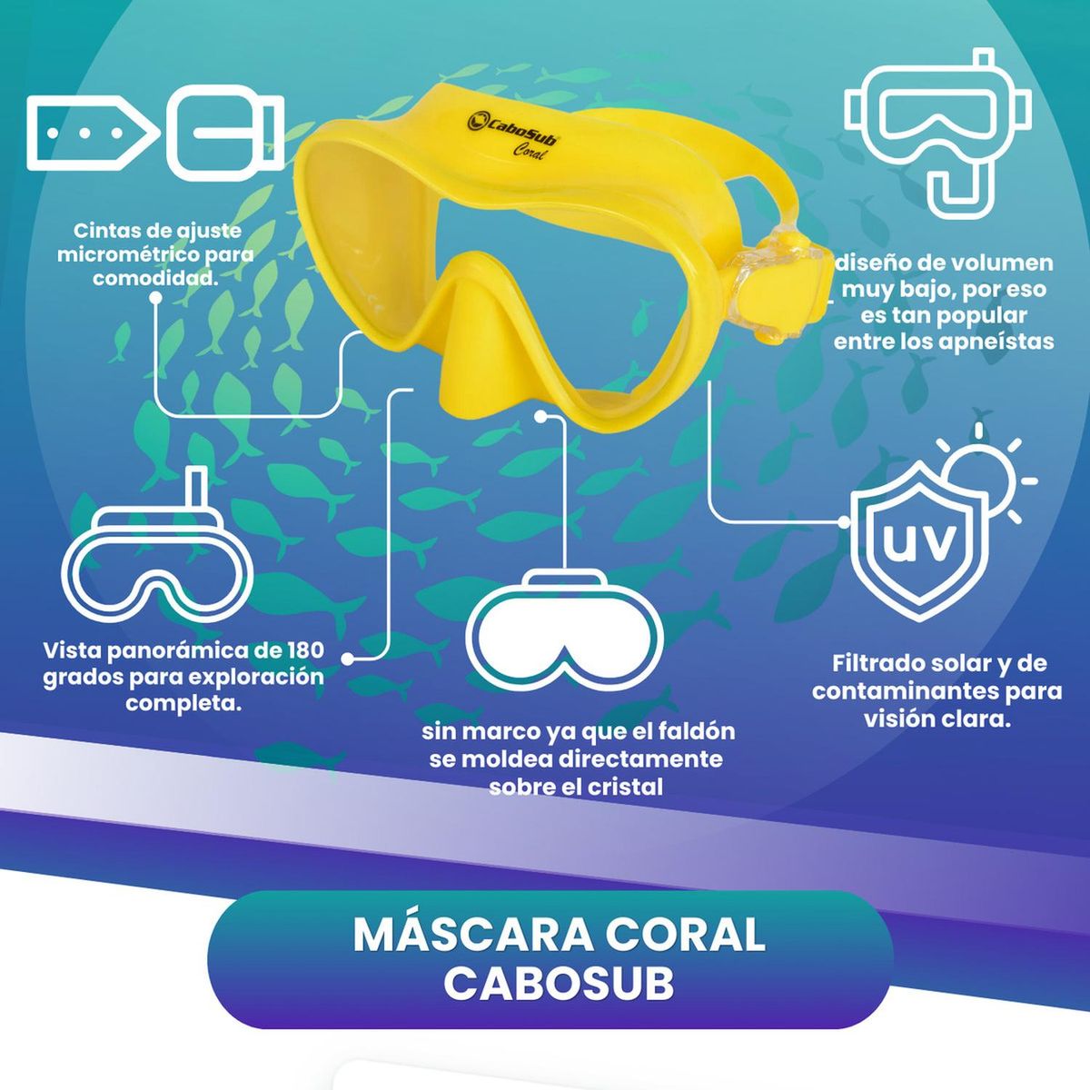 CABOSUB - Máscara Buceo Coral Cabosub Visión Superior - Amarillo