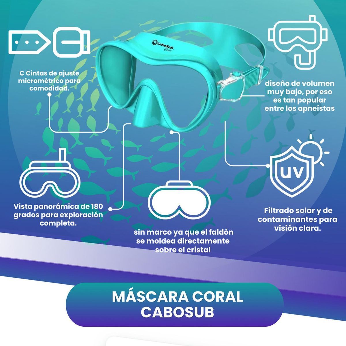 CABOSUB - Máscara Buceo Coral Cabosub Visión Superior - Celeste