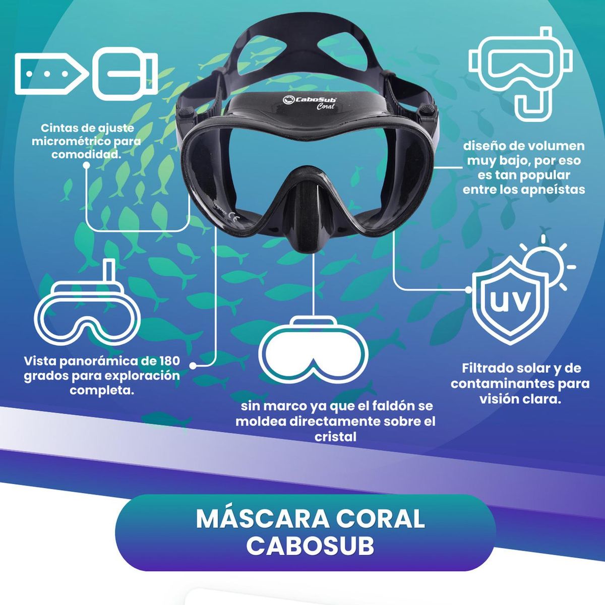 CABOSUB - Máscara Buceo Coral Cabosub Visión Superior - Negro