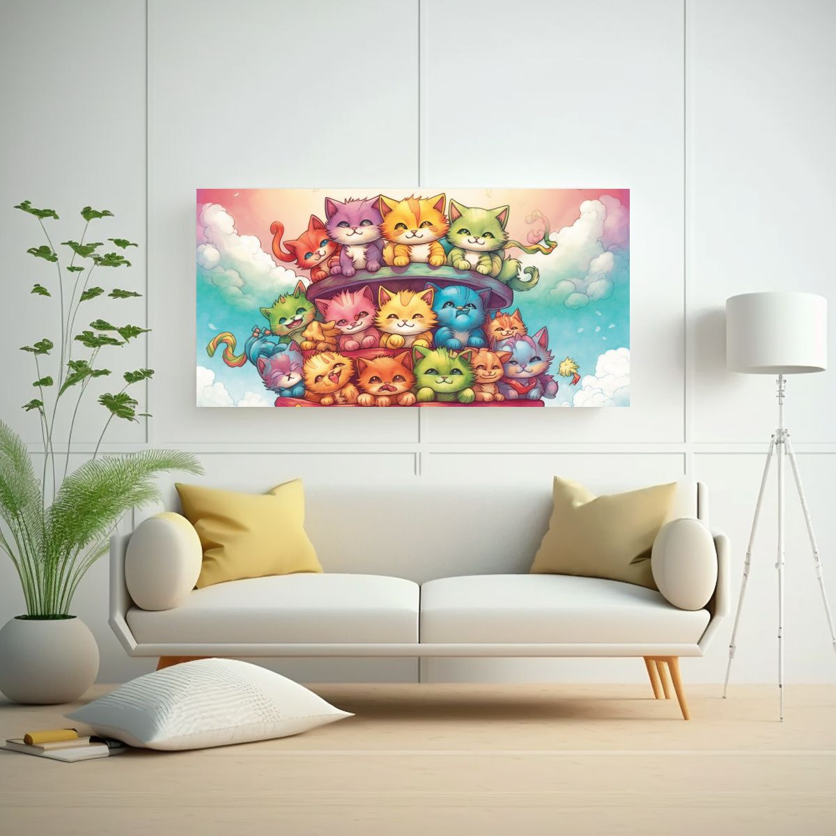 GENERICO - Pintura Gatos Colores Sentados En Pila Mirando Hac 160x80cm