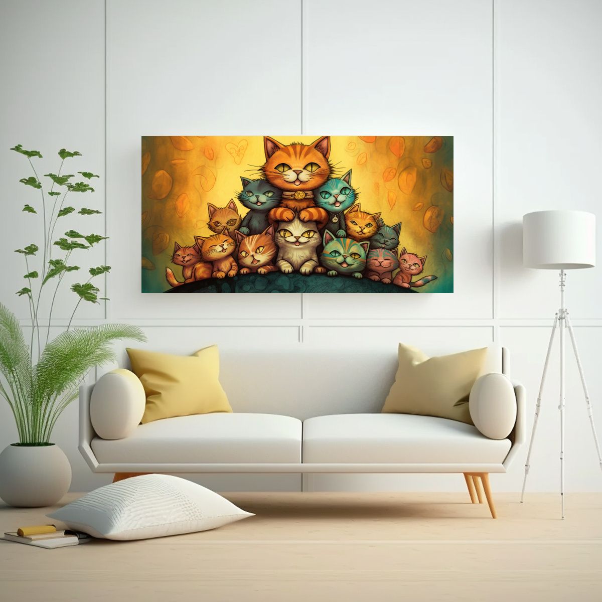 GENERICO - Pintura Decorativa Gatos En Un Montón Mirando Ha 160x80cm