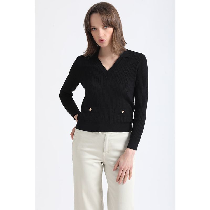 LIOLA - Tejido Punto Trenzado Con Cuello, Negro Liola
