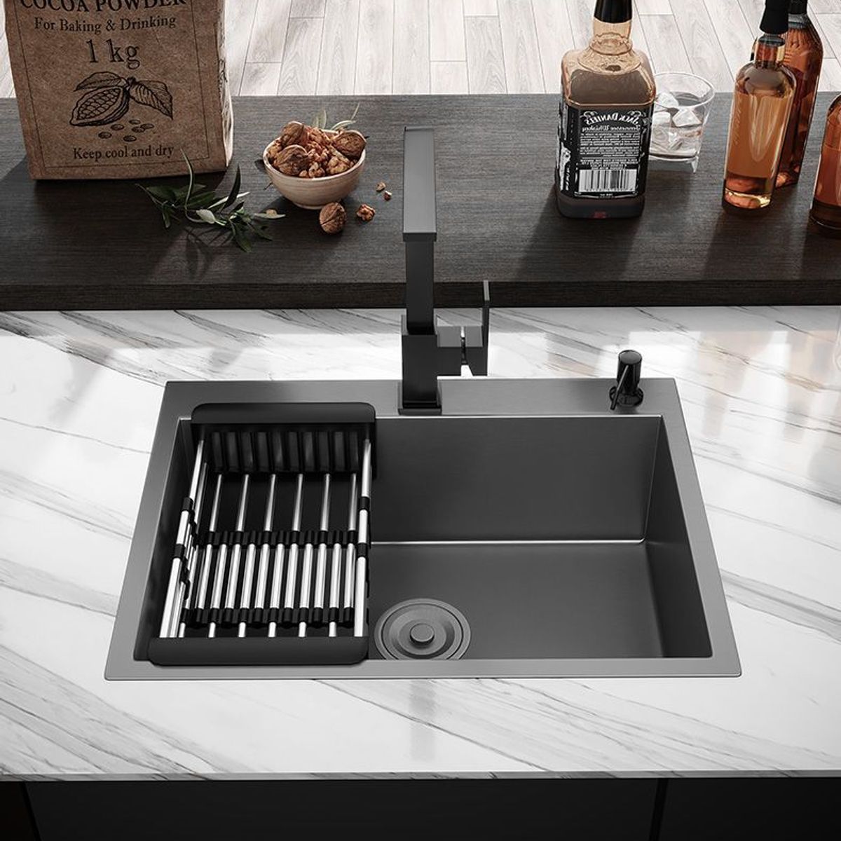 KUANGYE - Promoción Lavaplatos 68x45 Black+ Llave+ Dispensador