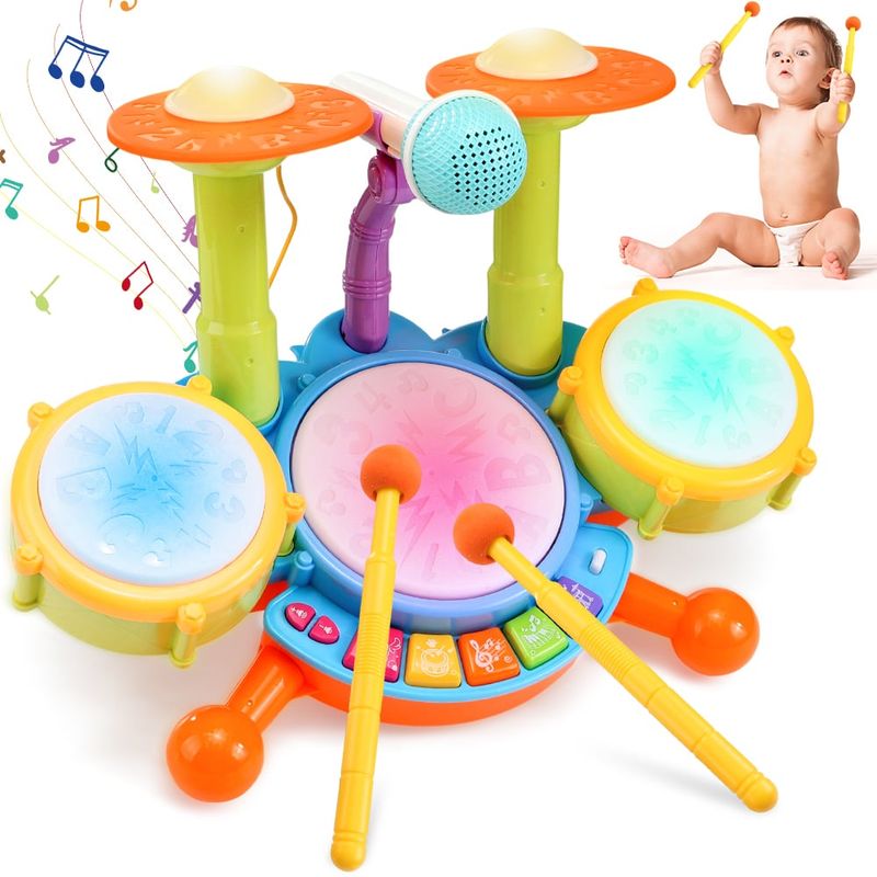 LUKOVEE - Juguete Batería Musical Niño Baqueta Platillo Micrófono 5en1