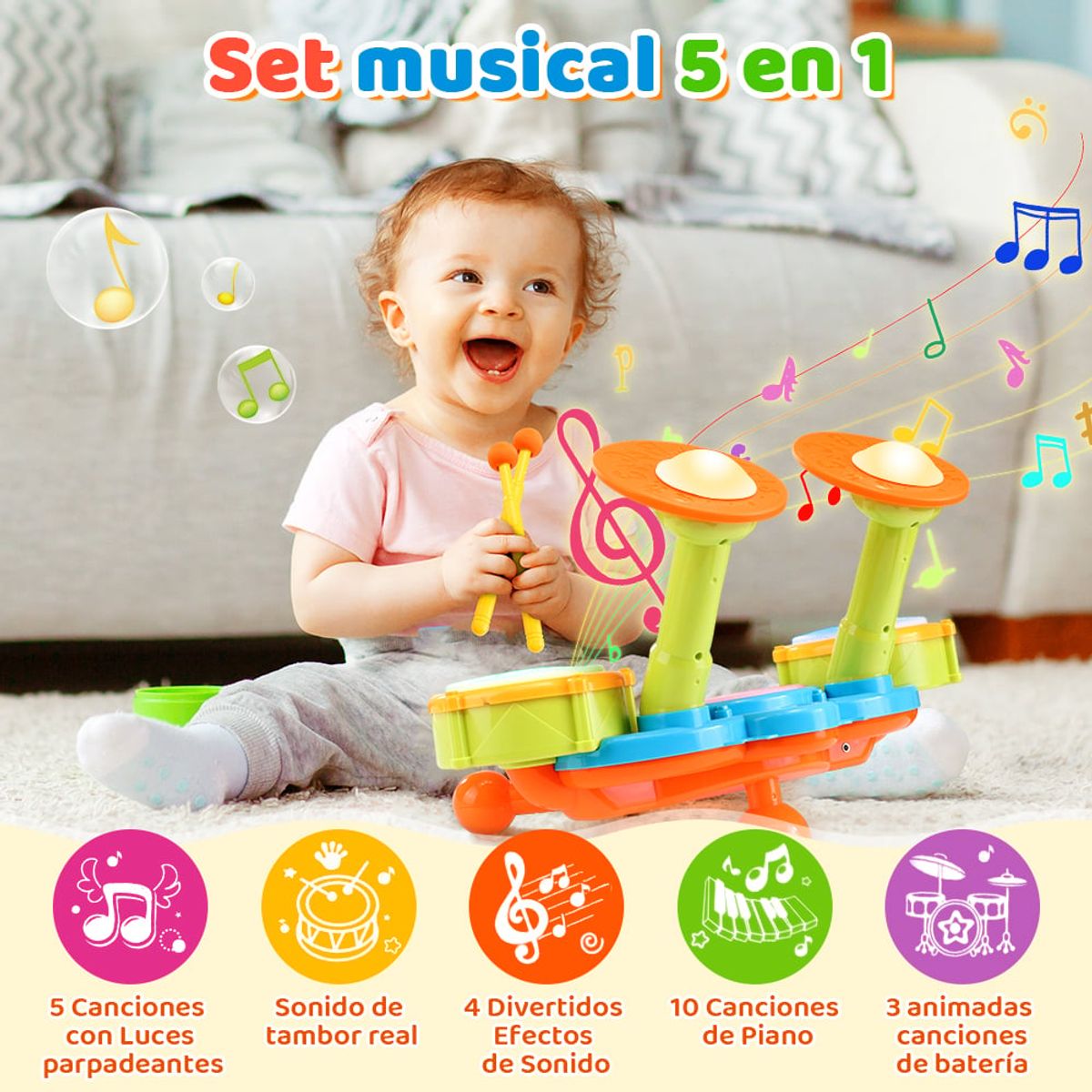 LUKOVEE - Juguete Batería Musical Niño Baqueta Platillo Micrófono 5en1