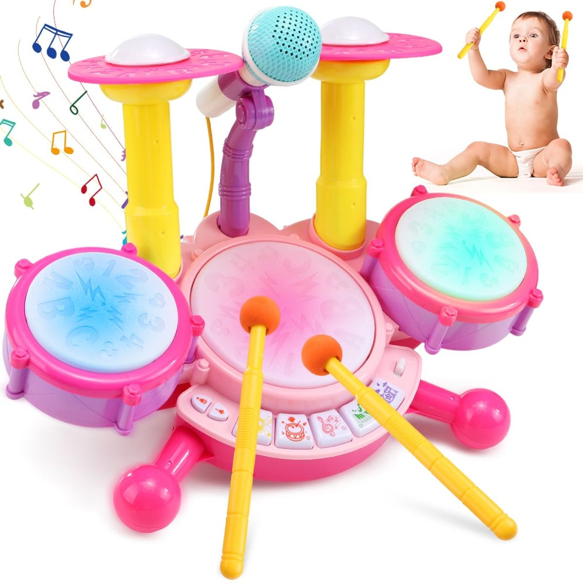 LUKOVEE - Juguete Batería Musical Niño Baqueta Platillo Micrófono 5en1