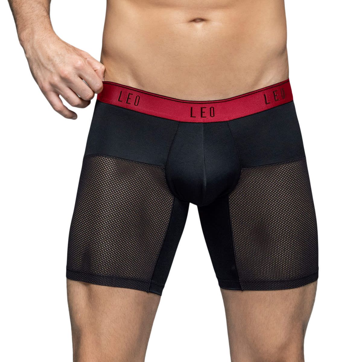 LEO - Bóxer medio de secado rápido con mallas transpirables en microfibra 033272N Negro Con Elástico Rojo