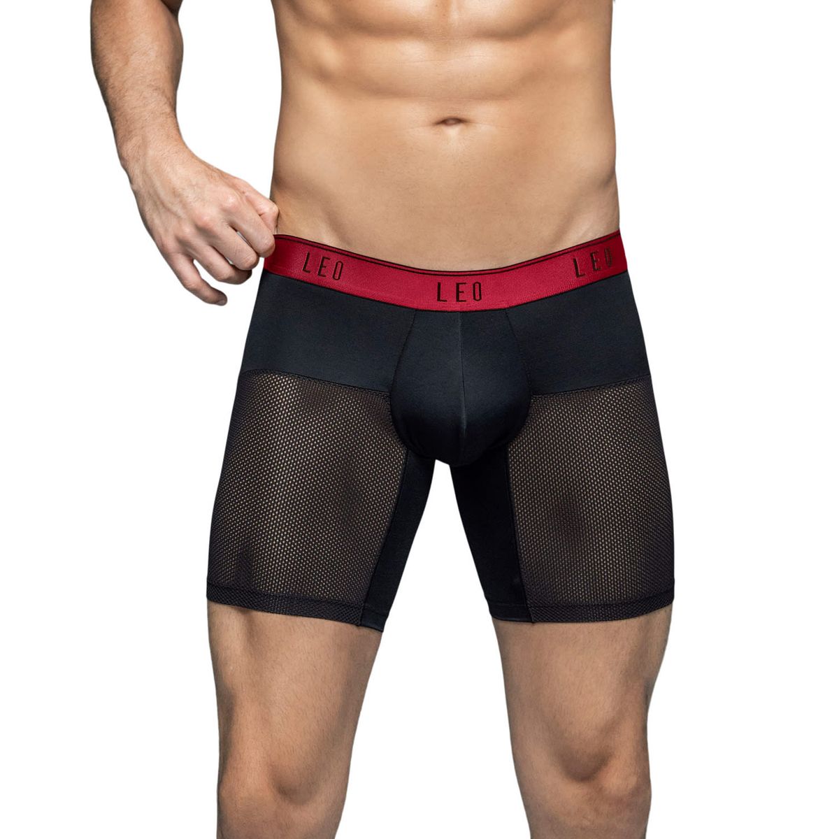 LEO - Bóxer medio de secado rápido con mallas transpirables en microfibra 033272N Negro Con Elástico Rojo
