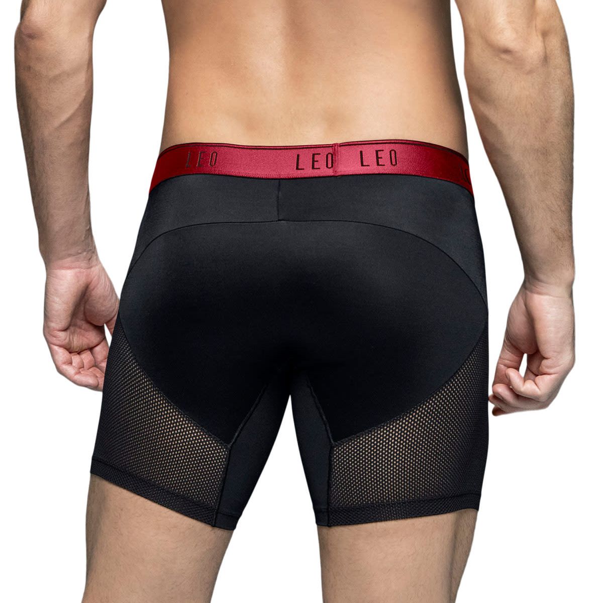 LEO - Bóxer medio de secado rápido con mallas transpirables en microfibra 033272N Negro Con Elástico Rojo