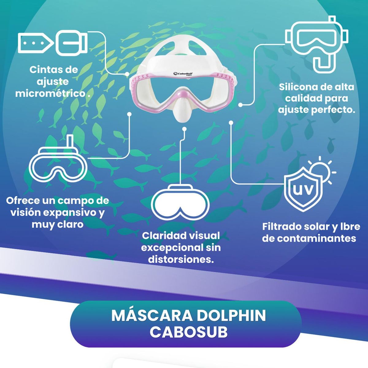 CABOSUB - Máscara Dolphin Comodidad  Visión Clara para Buceo y Snorkel - Rosa - Único