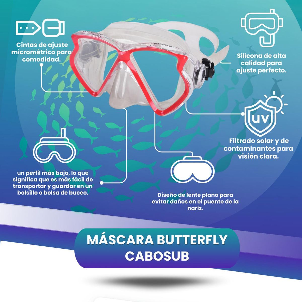 CABOSUB - Máscara Buceo Butterfly Confort y Visión Amplia Bajo el Agua - Rojo - Única