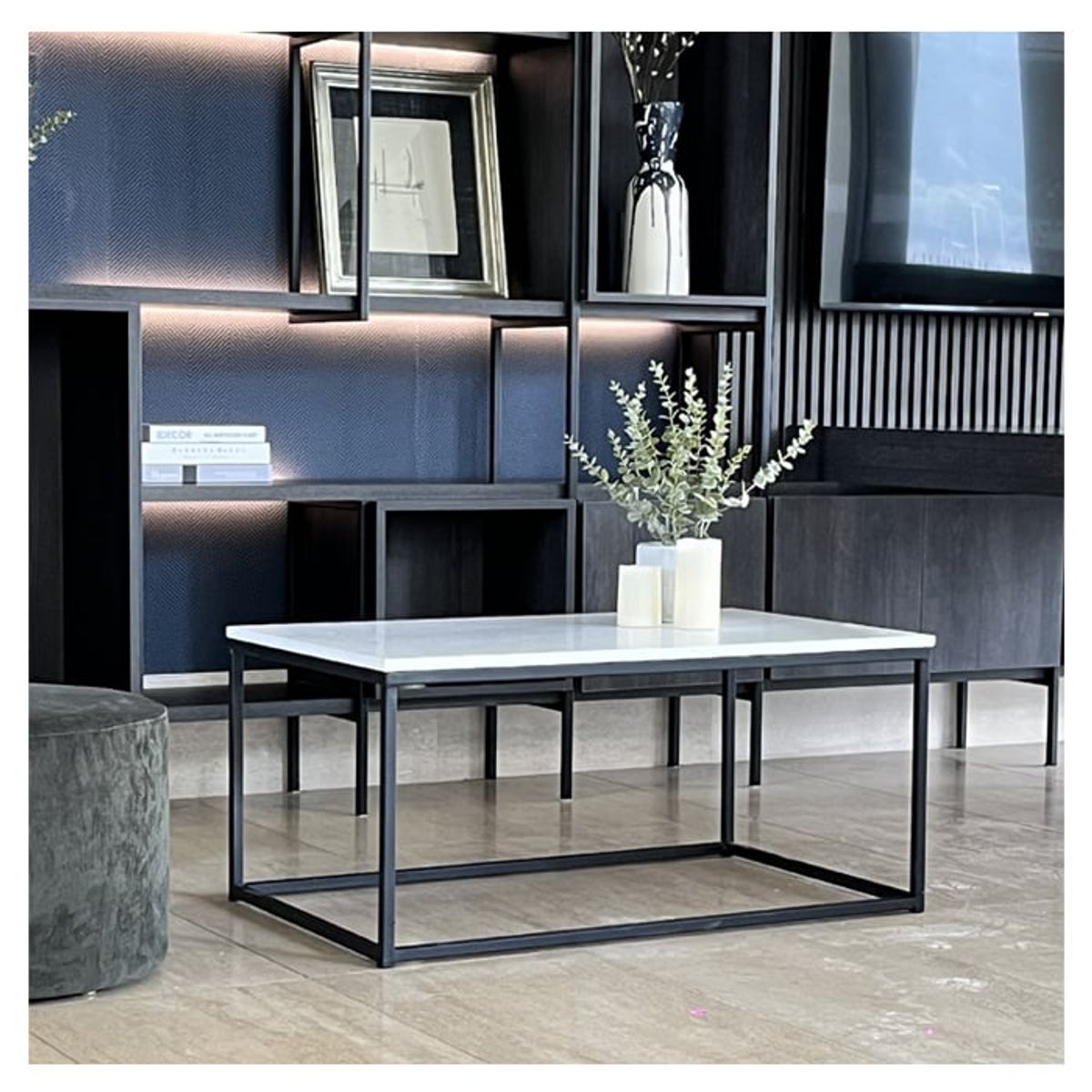 BM BRUNO MARMOL - Mesa de Centro Cuarzo Blanco Carrara 100x60 cm