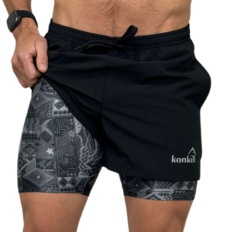 KONKO ACTIVE - Short Deportivo Hombre Con Calza 2 en 1 Negro Black Tribal Konko