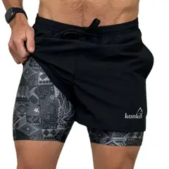 KONKO ACTIVE - Short Deportivo Hombre Con Calza 2 en 1 Negro Black Tribal Konko