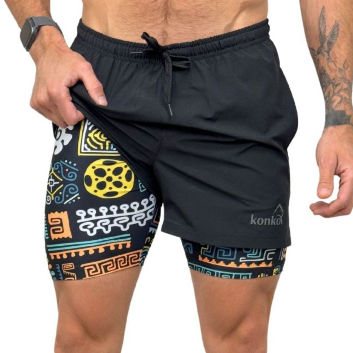 KONKO ACTIVE - Short Deportivo Hombre Con Calza 2 en 1 Negro Black Quechua Konko