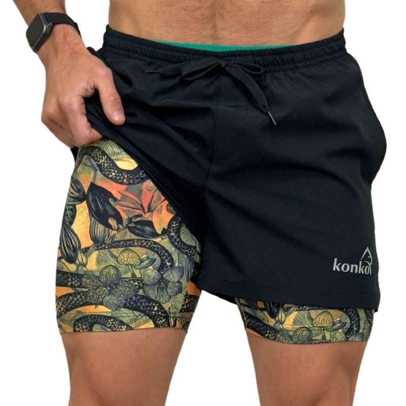 KONKO ACTIVE - Short Deportivo Hombre Con Calza 2 en 1 Negro Black Mamba Konko