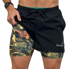 KONKO ACTIVE - Short Deportivo Hombre Con Calza 2 en 1 Negro Black Mamba Konko